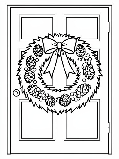 Christmas door wreath coloring page showing a pinecone and berry wreath on a front door