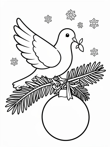 Christmas dove coloring page showing a dove with an olive sprig perched beside a hanging ornament ball
