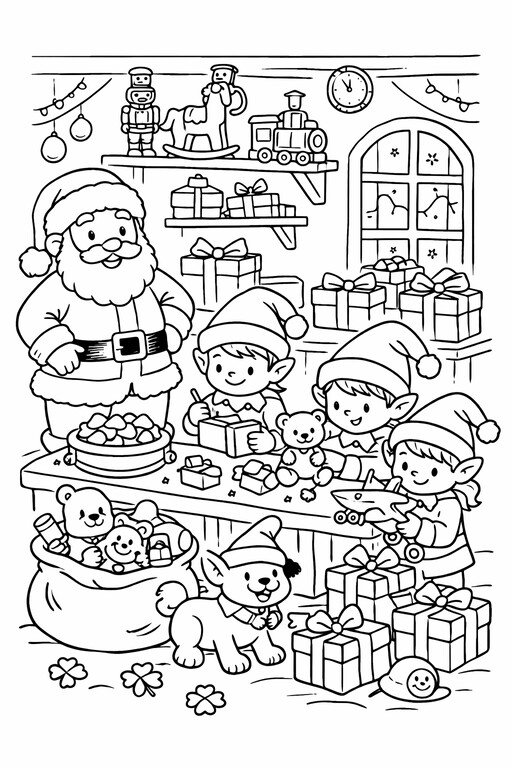 Christmas Elves Workshop coloring page showing busy elves working together inside Santa's workshop PDF preview
