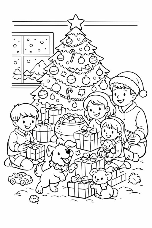 Family sitting around Christmas tree opening wrapped gifts coloring page