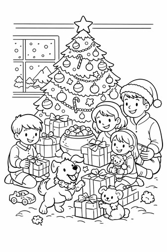 Family gathered around Christmas tree opening gifts with presents and lights