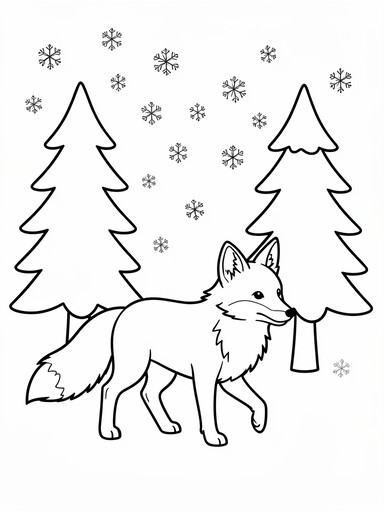 Christmas fox coloring page showing a fox trotting through a snowy forest between pine trees