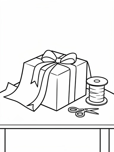 Christmas gift wrapping coloring page showing a ribboned present with scissors and wrapping paper