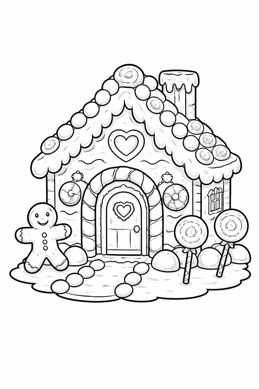Christmas Gingerbread House and Cookies coloring page showing a festive gingerbread house with cookies and baking PDF preview