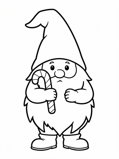 Christmas gnome coloring page showing a bearded gnome in a pointed hat holding a striped candy cane