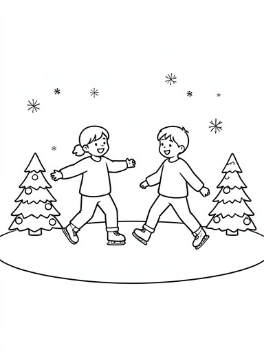 Christmas ice skating coloring page showing two kids skating on a pond with decorated trees