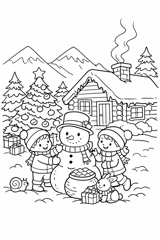 Christmas Kids Building a Snowman by a Cabin coloring page showing children making a snowman beside a cozy winter PDF preview