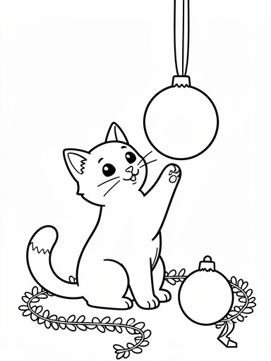 Christmas kitten coloring page showing a playful cat batting at a hanging ornament ball
