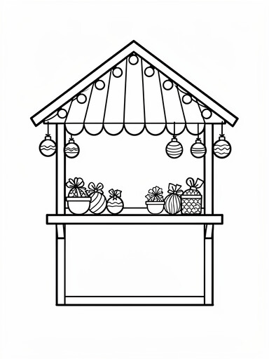 Christmas market stall coloring page showing a wooden stall with string lights and ornaments on the counter