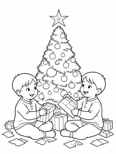 Christmas morning presents coloring page showing two kids in pajamas opening gifts