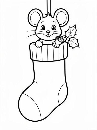 Christmas mouse in a stocking coloring page showing a whiskered mouse peeking out with holly berries