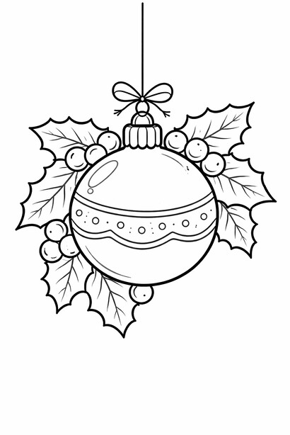 Christmas ornament coloring page with holly leaves and berries in bold printable outlines