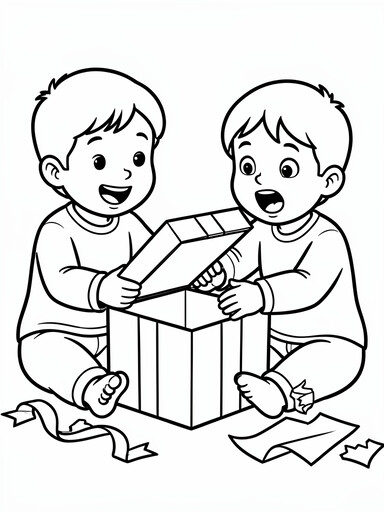 Christmas pajamas coloring page showing two kids opening one gift box together with torn wrapping paper