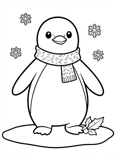 Christmas penguin coloring page showing a penguin in a scarf standing in snow with holly
