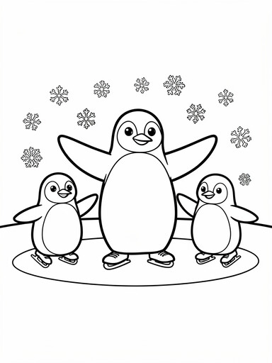 Penguin family coloring page showing a parent and two chicks ice skating together with skate blades