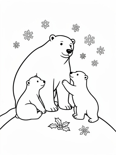 Christmas polar bear family coloring page showing a parent bear and two cubs standing together in snow