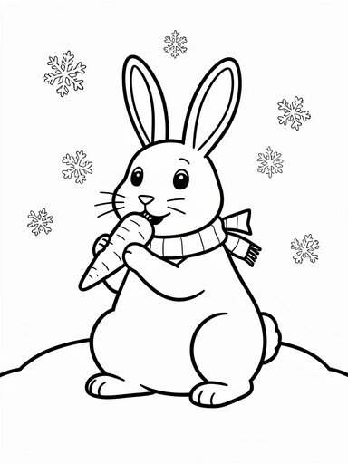 Christmas rabbit coloring page showing a rabbit in a scarf eating a carrot while sitting in snow