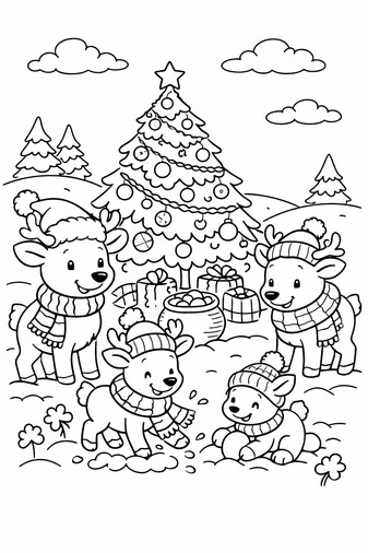 Reindeer family standing in a snowy forest with trees and mountains