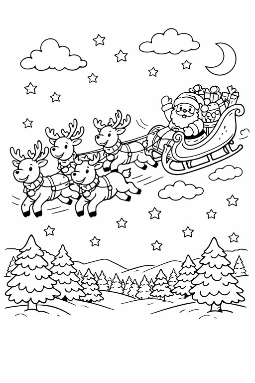 Christmas Reindeer Sleigh Forest coloring page showing reindeer pulling Santa's sleigh through a winter forest PDF preview