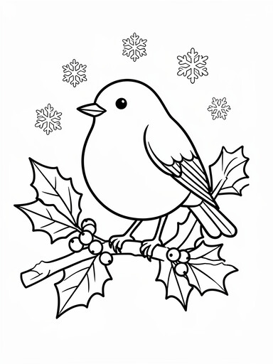Christmas robin coloring page showing a bird perched on a snowy holly branch with berries and snowflakes