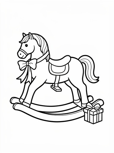 Christmas rocking horse coloring page showing a toy horse with a saddle, ribbon bow, and curved rockers