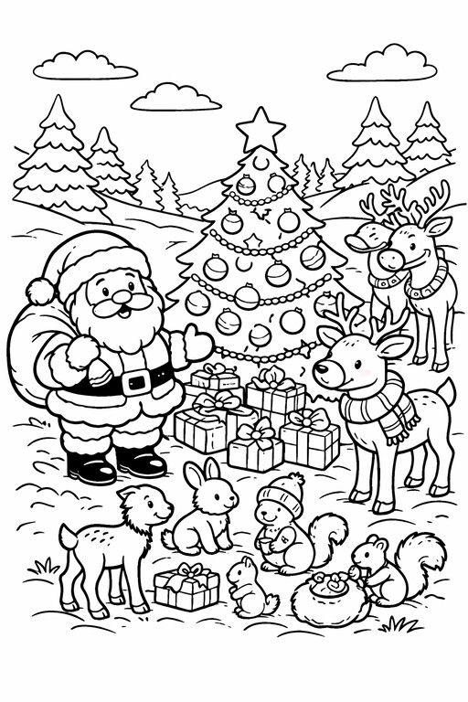 Christmas Santa Reindeer and Forest Animals coloring page showing Santa and his reindeer surrounded by woodland PDF preview