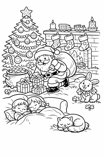 Santa placing gifts under a Christmas tree by a cozy fireplace