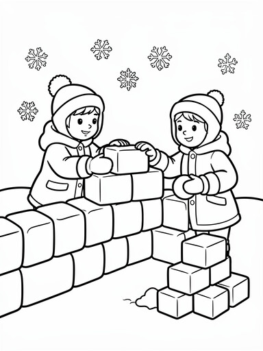Snow fort coloring page showing two kids stacking snow blocks into a curved wall with a snowball ready