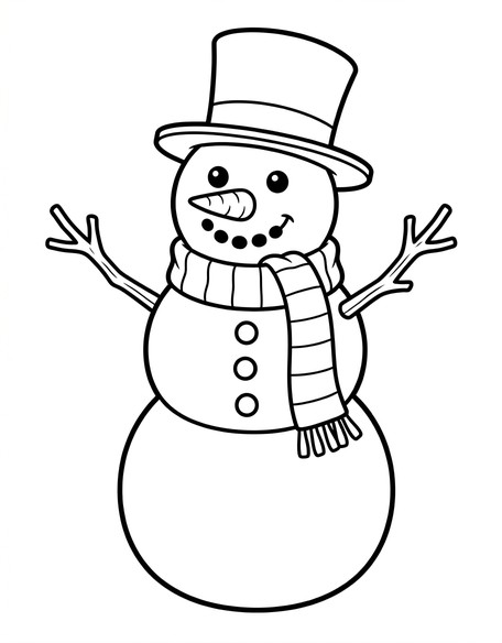 Christmas snowman coloring page showing a classic full-body snowman with top hat, scarf, carrot nose, and stick arms PDF preview