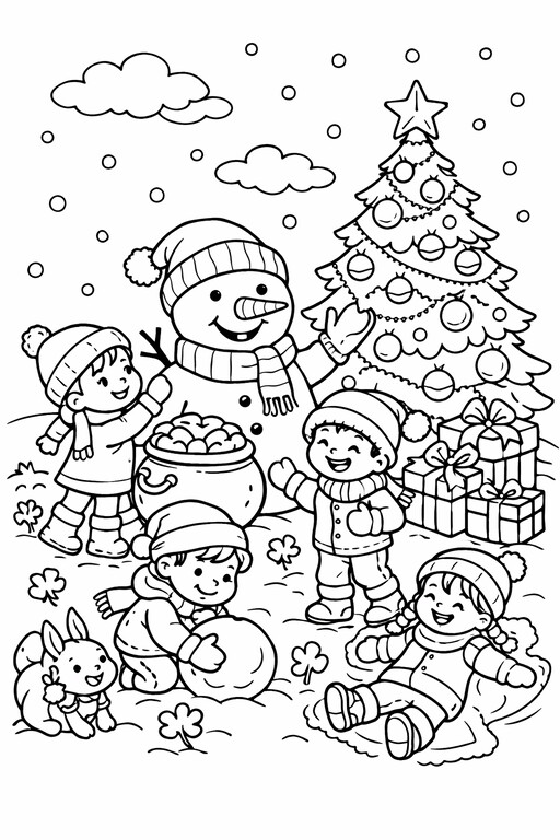 Christmas Snowman Kids and Tree coloring page showing children with a snowman near a decorated Christmas tree PDF preview
