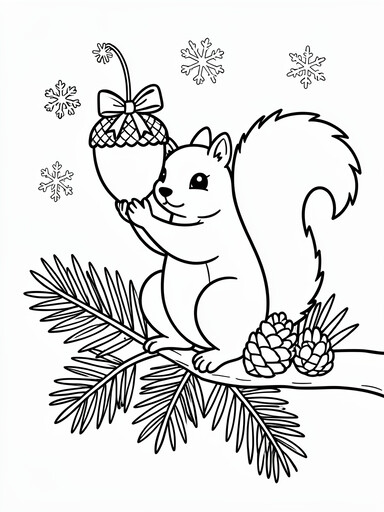 Christmas squirrel coloring page showing a squirrel holding an acorn decorated like an ornament
