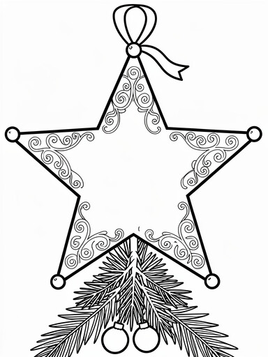 Christmas star tree topper coloring page showing an ornate filigree star with pine sprigs