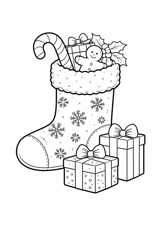 Christmas Stocking Candy Cane and Gifts coloring page showing a holiday stocking surrounded by candy canes PDF preview