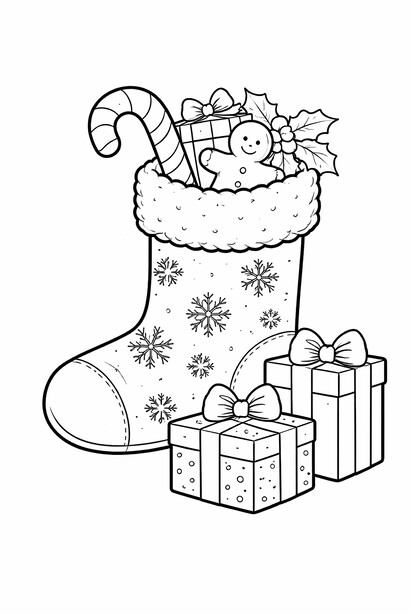 Christmas stocking coloring page with candy cane, gifts, and holiday details in bold printable outlines