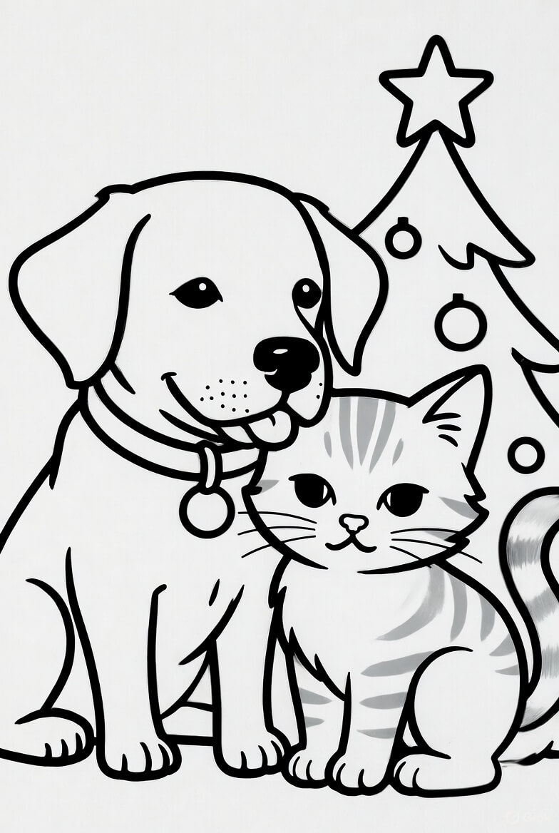 Dog and cat with Christmas Tree