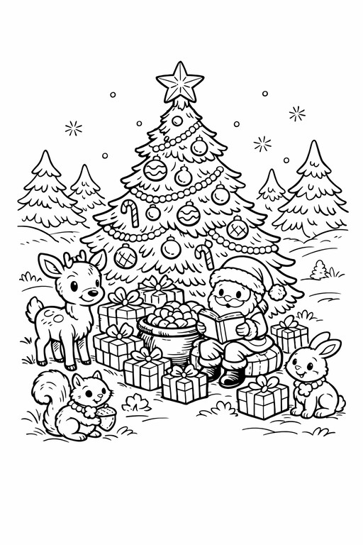 Christmas Tree Forest Animals coloring page showing woodland animals gathered around a decorated tree PDF preview
