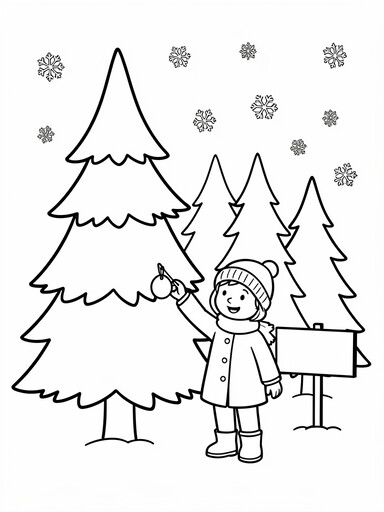Christmas tree lot coloring page showing a child tagging a tree among rows of trees