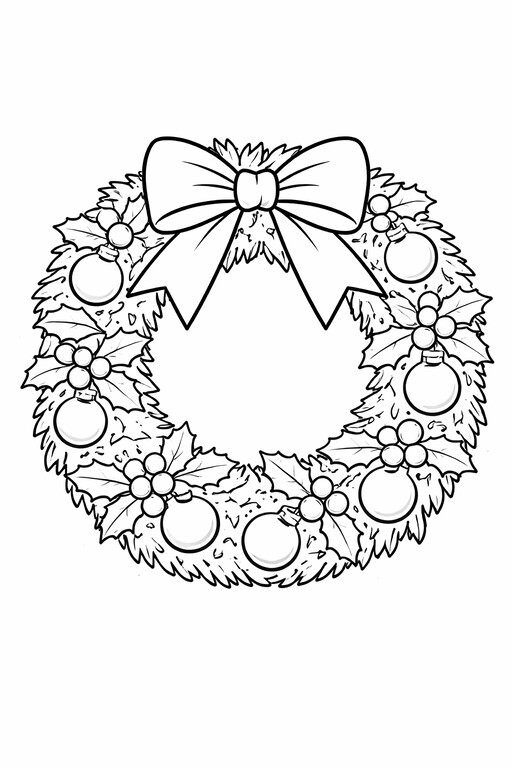 Christmas Wreath Ornaments and Bow coloring page showing a wreath decorated with ornaments and a large bow PDF preview