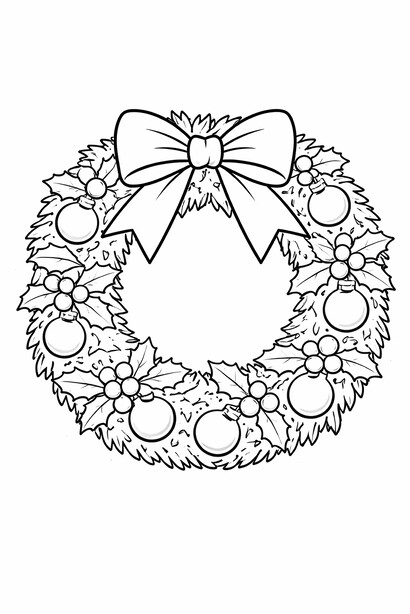 Christmas wreath coloring page with ornaments, holly leaves, and a large bow in simple printable outlines