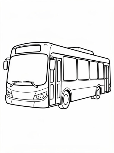 City transit bus coloring page showing a low-floor bus with large windows and two passenger doors