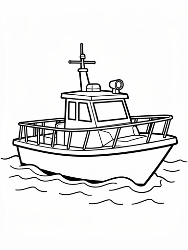Coast guard rescue boat coloring page showing a patrol vessel with a radar mast and open deck