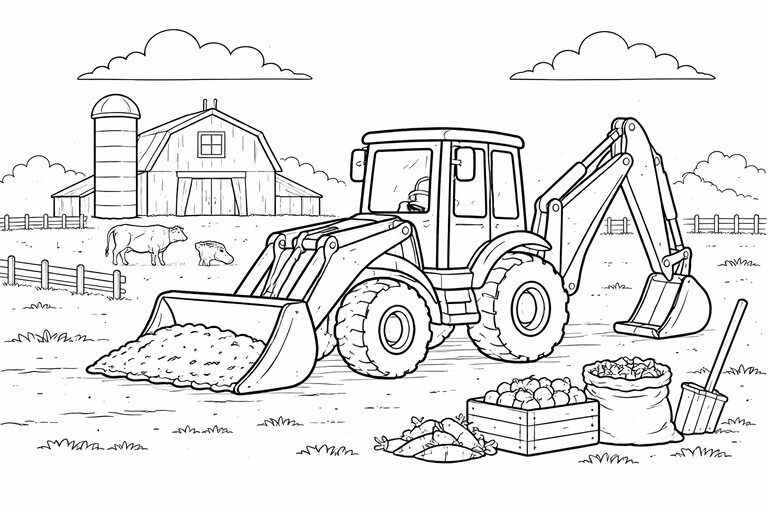 Backhoe coloring page showing a backhoe loader on a job site with its front bucket, rear digging arm, and stacked PDF preview