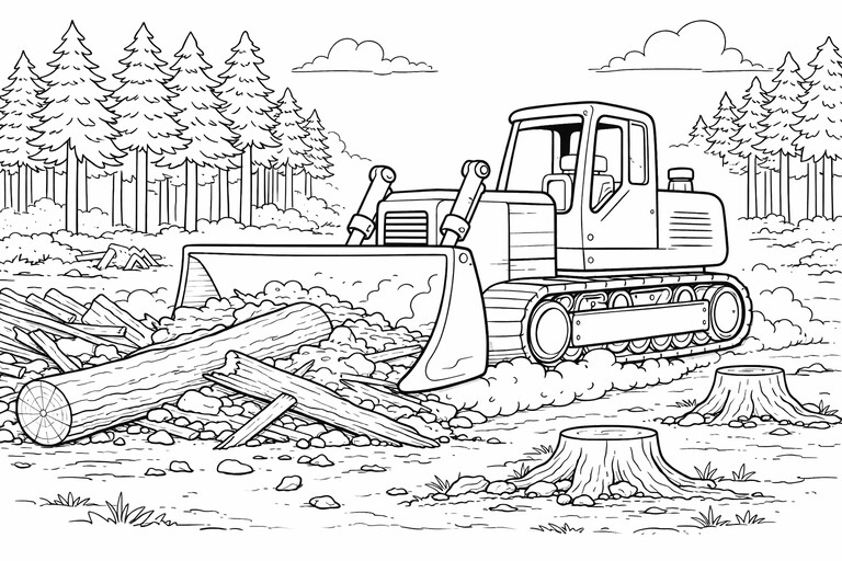 Tracked bulldozer pushing logs on a work site with trees and cut stumps PDF preview