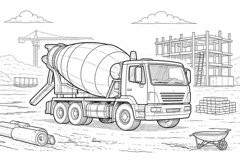 Cement Mixer coloring page showing a mixer truck on a construction site with its rotating drum, scaffolding PDF preview