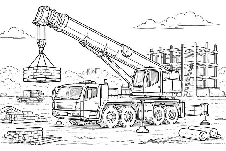 Construction Crane coloring page showing a mobile crane lifting a heavy block on a job site with outriggers PDF preview