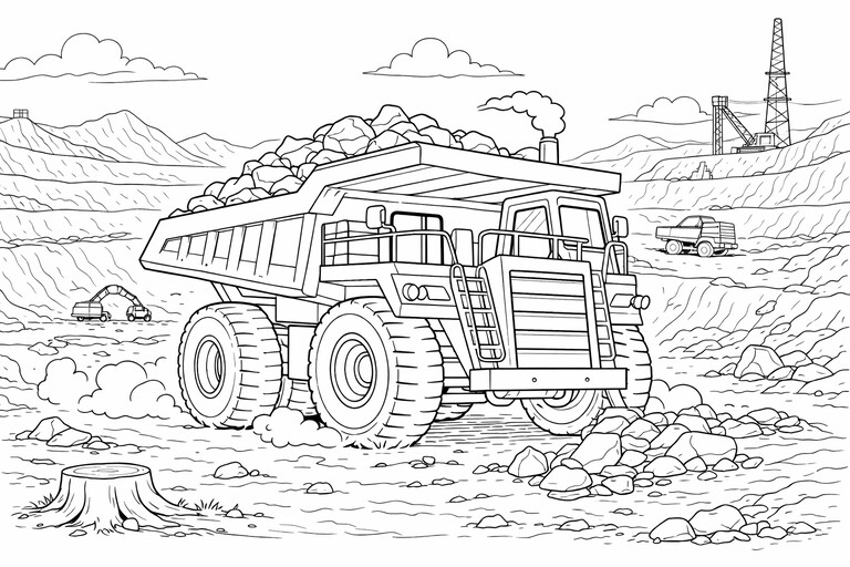 Dump truck loaded with rocks on a rough work site with dirt piles PDF preview