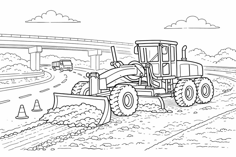 Road Grader coloring page showing a grader shaping a dirt road with its long blade and large wheels PDF preview