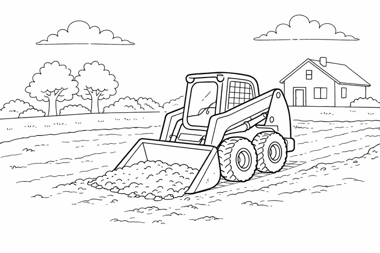 Skid Steer coloring page showing a compact skid steer loader carrying a dirt bucket on a small outdoor work site PDF preview