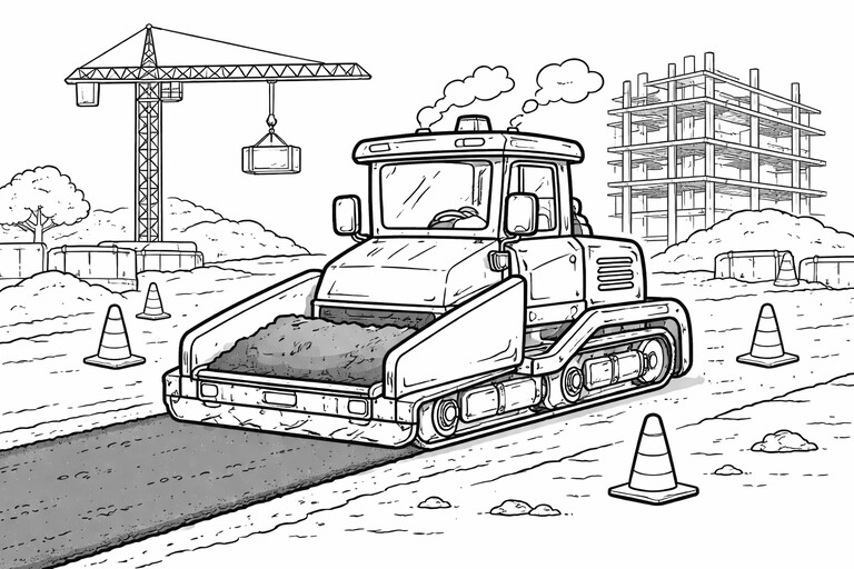 Construction Tower Crane Cab coloring page showing a tower crane lifting a load over an active jobsite while PDF preview