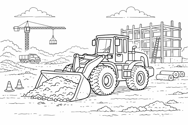 Wheel Loader coloring page showing a large wheel loader carrying a full bucket on a work site with scaffolding PDF preview